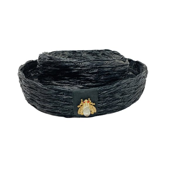 Vintage 1950s Round Black Straw Hat Rhinestone Fly Detail Styled by Phipps main image 7
